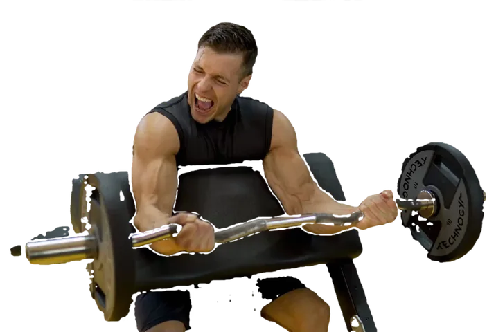 A cut-out from a photo of a person curling a barbell on a bench