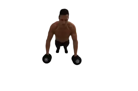 A cut-out of a person doing push-ups on dumbbells, seen from a moving camera